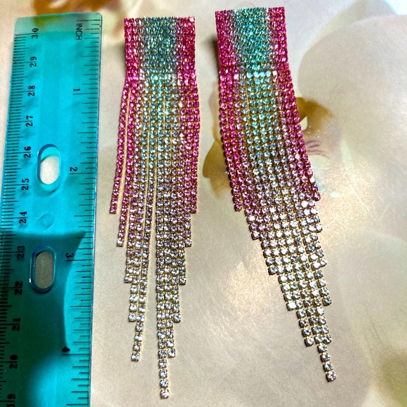 Pink Blue Rhinestone Long Drop Earrings - Picture 5 of 6